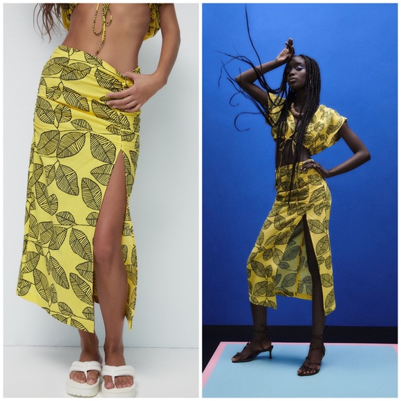 Zara Dresses & Skirts - Zara Yellow Black Leaf Printed Linen Blend High Slit Skirt Size Small